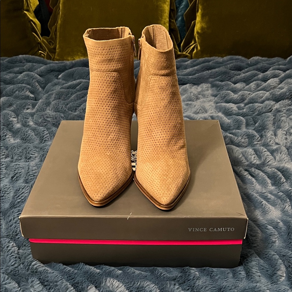 Vince Camuto Perforated Tan Heeled Ankle Booties